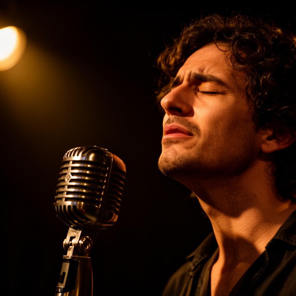 Poet performing into a vintage microphone